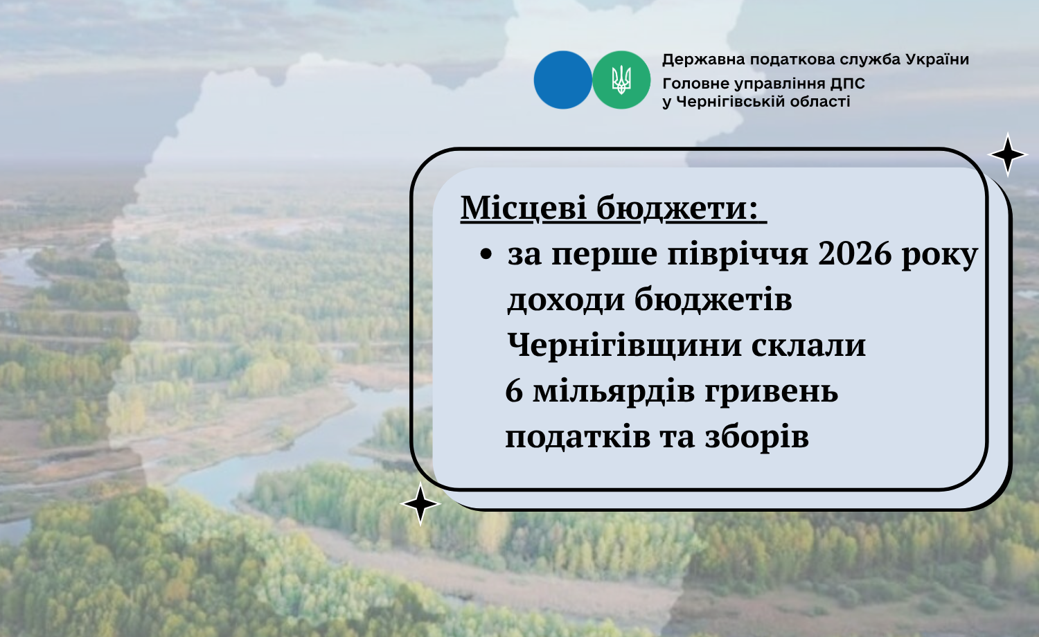 Фотографія текстова інформація на тля природнього ландшафту та карти Чернігівщини